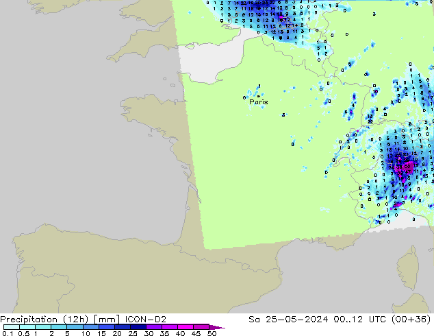 Nied. akkumuliert (12Std) ICON-D2 Sa 25.05.2024 12 UTC