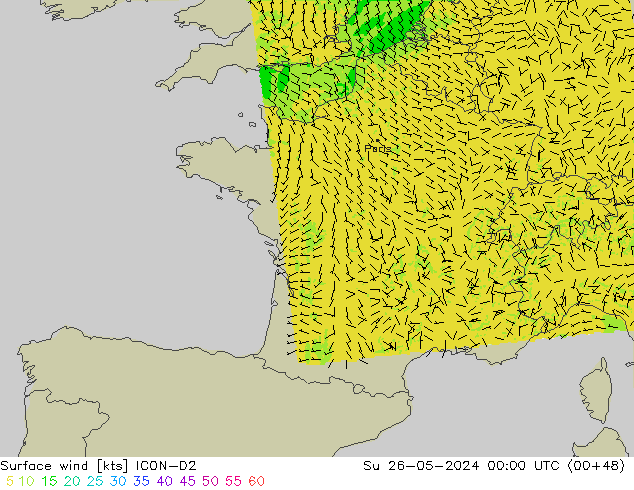 Surface wind ICON-D2 Su 26.05.2024 00 UTC