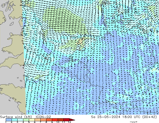 Surface wind (bft) ICON-D2 Sa 25.05.2024 18 UTC