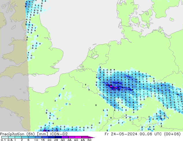 降水量 (6h) ICON-D2 星期五 24.05.2024 06 UTC