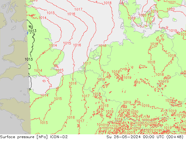 Presión superficial ICON-D2 dom 26.05.2024 00 UTC