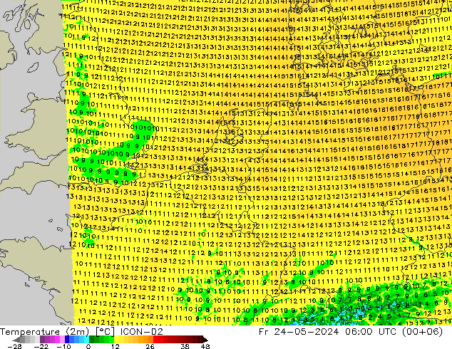 温度图 ICON-D2 星期五 24.05.2024 06 UTC