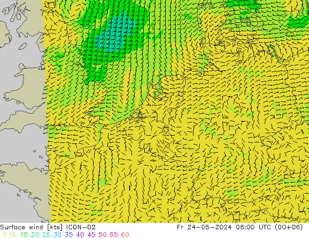 Viento 10 m ICON-D2 vie 24.05.2024 06 UTC