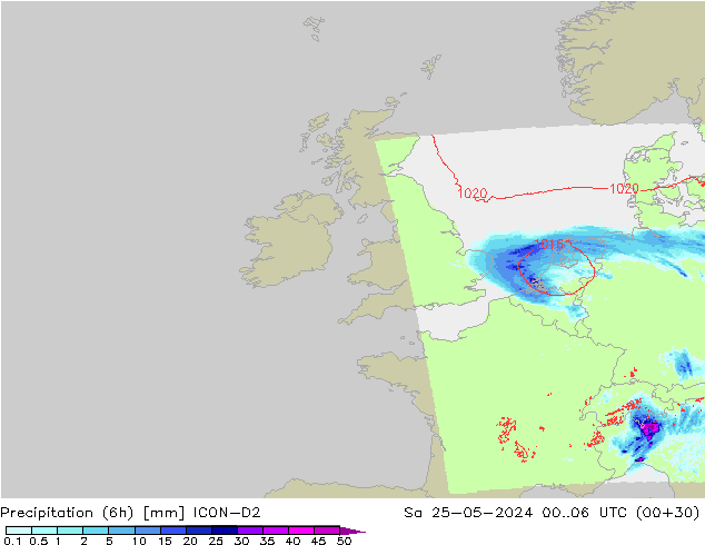 Precipitazione (6h) ICON-D2 sab 25.05.2024 06 UTC