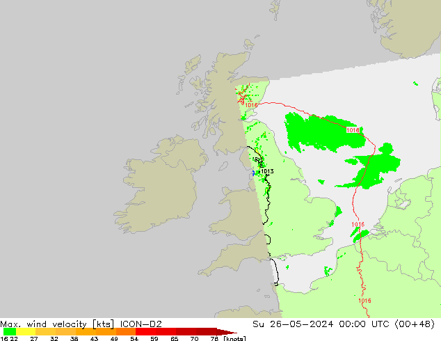 Max. wind velocity ICON-D2 Su 26.05.2024 00 UTC