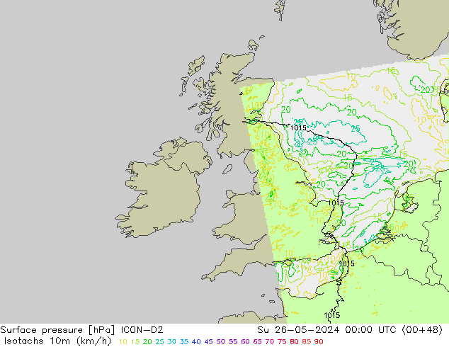 Isotachs (kph) ICON-D2 Su 26.05.2024 00 UTC