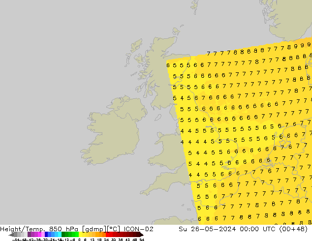 Hoogte/Temp. 850 hPa ICON-D2 zo 26.05.2024 00 UTC