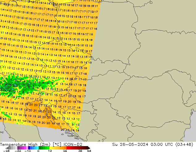 Max. Temperatura (2m) ICON-D2 nie. 26.05.2024 03 UTC