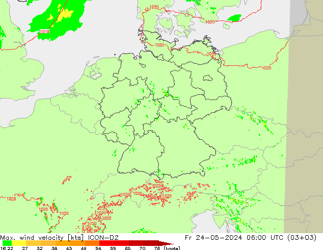 Max. wind velocity ICON-D2 ven 24.05.2024 06 UTC