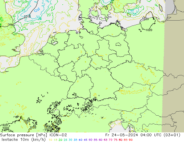 Isotachs (kph) ICON-D2  24.05.2024 04 UTC