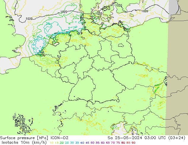 Isotachs (kph) ICON-D2 So 25.05.2024 03 UTC