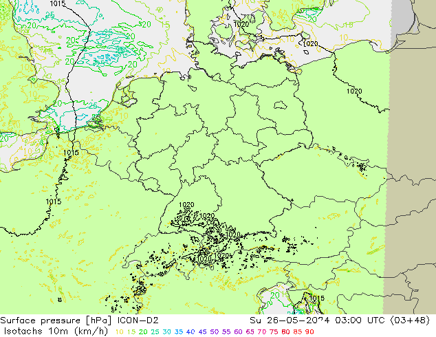 Isotachen (km/h) ICON-D2 zo 26.05.2024 03 UTC