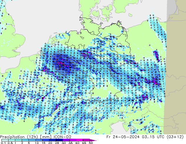 Precipitation (12h) ICON-D2 Fr 24.05.2024 15 UTC