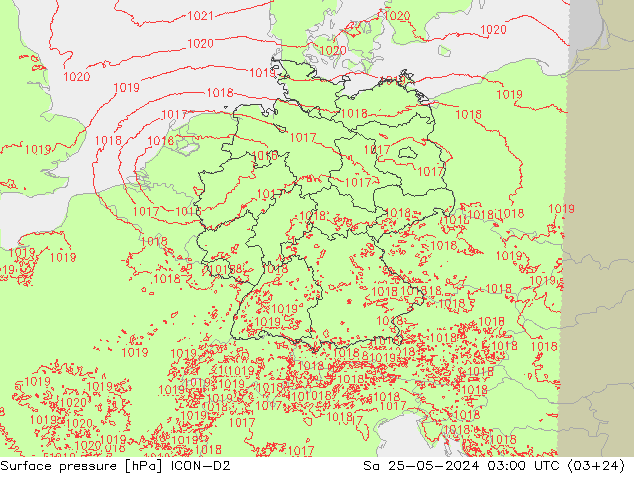 Pressione al suolo ICON-D2 sab 25.05.2024 03 UTC