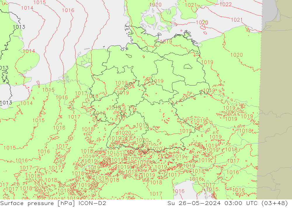 Presión superficial ICON-D2 dom 26.05.2024 03 UTC