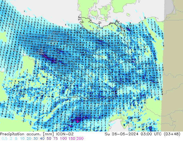 Precipitation accum. ICON-D2 Su 26.05.2024 03 UTC