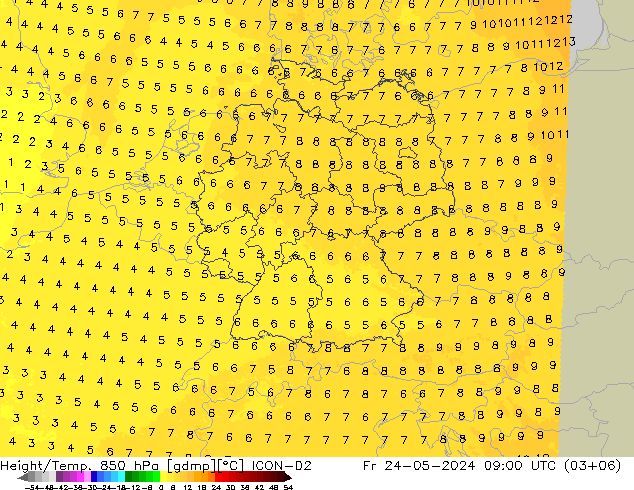 Hoogte/Temp. 850 hPa ICON-D2 vr 24.05.2024 09 UTC