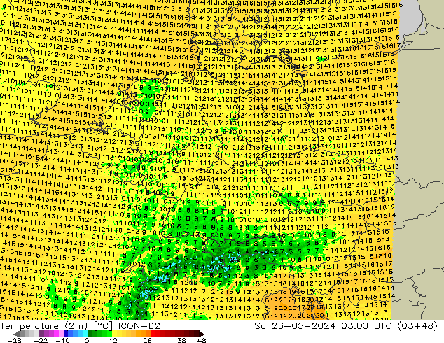 Temperatuurkaart (2m) ICON-D2 zo 26.05.2024 03 UTC