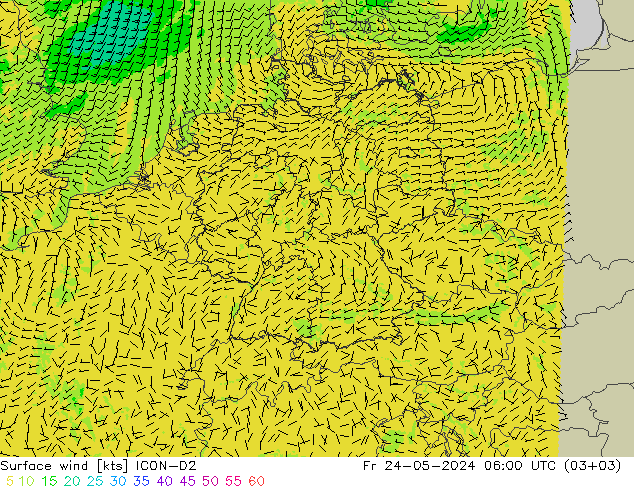 风 10 米 ICON-D2 星期五 24.05.2024 06 UTC