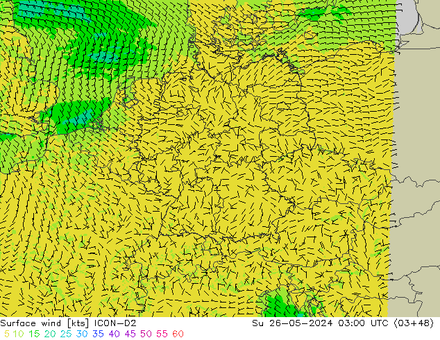 Surface wind ICON-D2 Su 26.05.2024 03 UTC