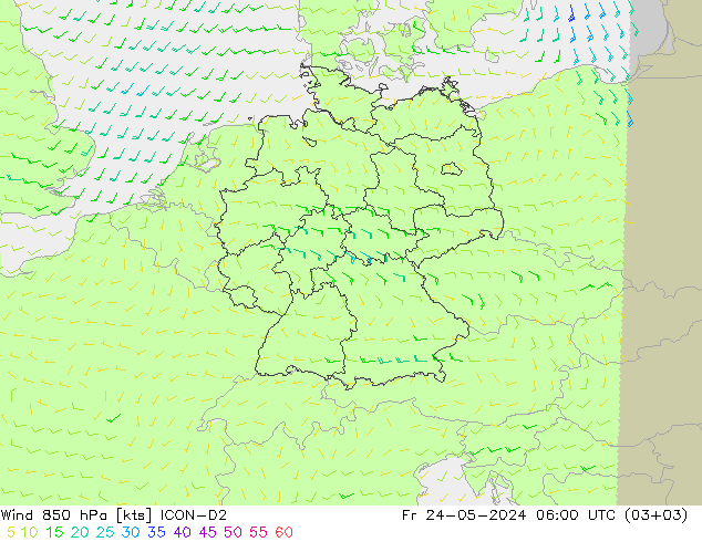 wiatr 850 hPa ICON-D2 pt. 24.05.2024 06 UTC