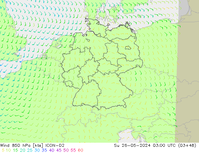 Rüzgar 850 hPa ICON-D2 Paz 26.05.2024 03 UTC