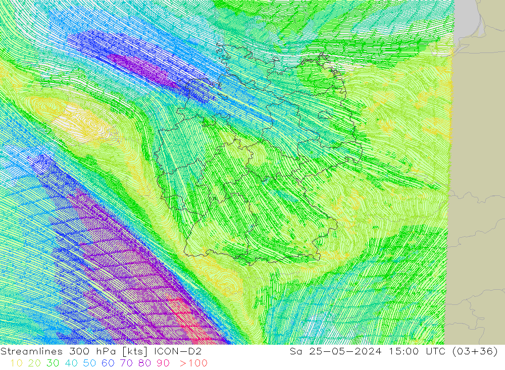Ligne de courant 300 hPa ICON-D2 sam 25.05.2024 15 UTC