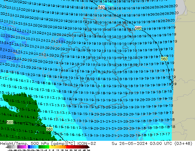 Height/Temp. 500 hPa ICON-D2 nie. 26.05.2024 03 UTC