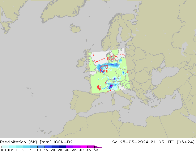 осадки (6h) ICON-D2 сб 25.05.2024 03 UTC