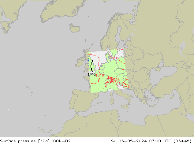 Luchtdruk (Grond) ICON-D2 zo 26.05.2024 03 UTC