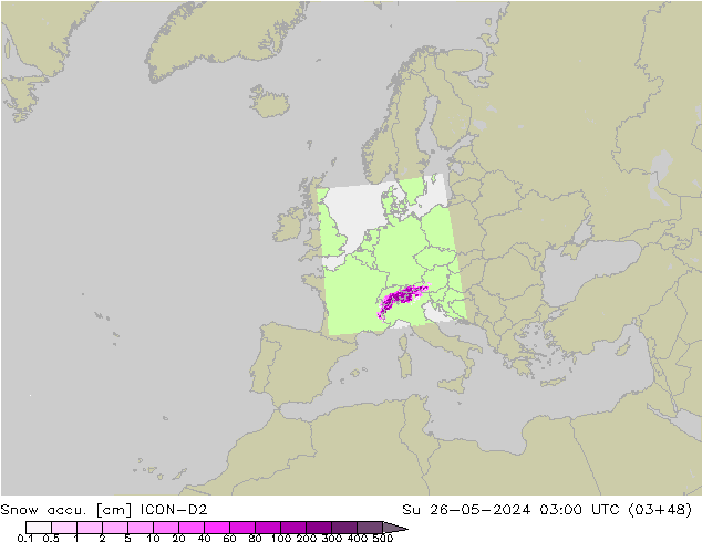 Snow accu. ICON-D2 Su 26.05.2024 03 UTC