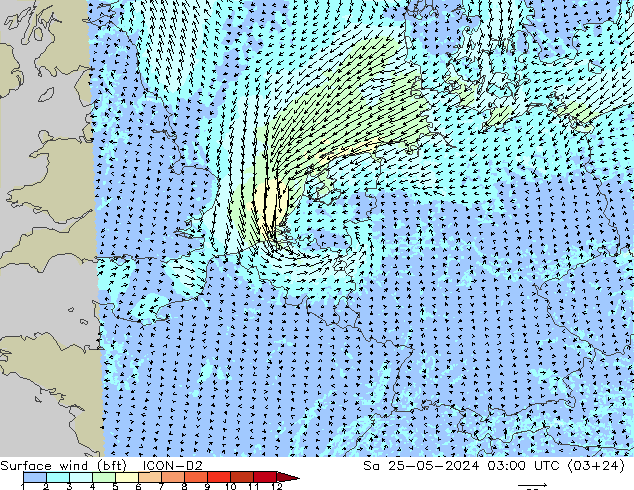 Vento 10 m (bft) ICON-D2 sab 25.05.2024 03 UTC