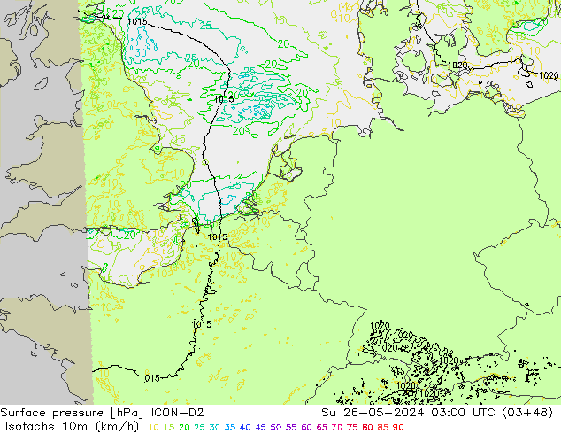 Isotaca (kph) ICON-D2 dom 26.05.2024 03 UTC