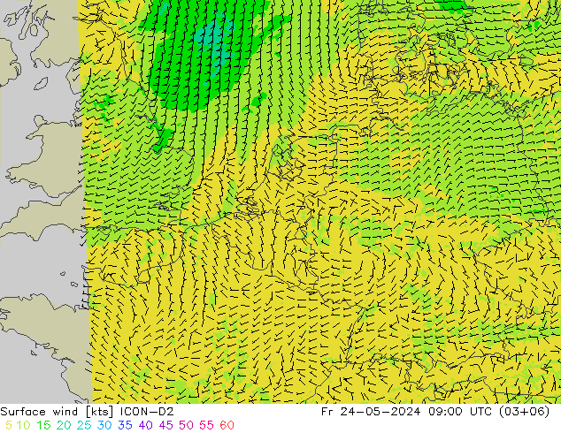 风 10 米 ICON-D2 星期五 24.05.2024 09 UTC
