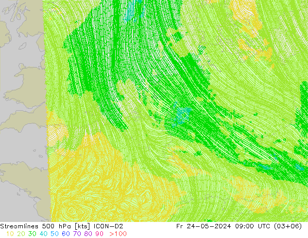 Streamlines 500 hPa ICON-D2 Pá 24.05.2024 09 UTC