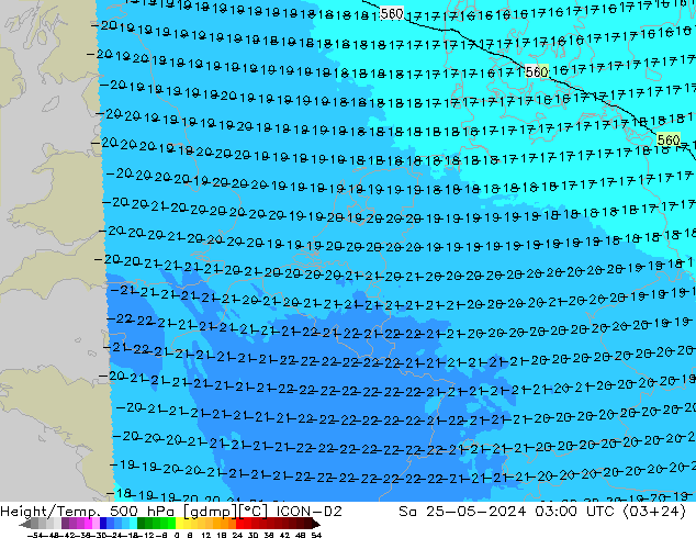 Height/Temp. 500 hPa ICON-D2 Sa 25.05.2024 03 UTC