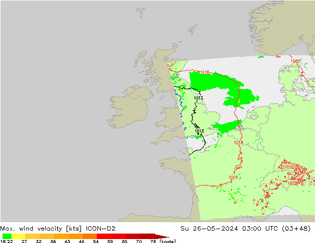 Max. wind velocity ICON-D2 dim 26.05.2024 03 UTC