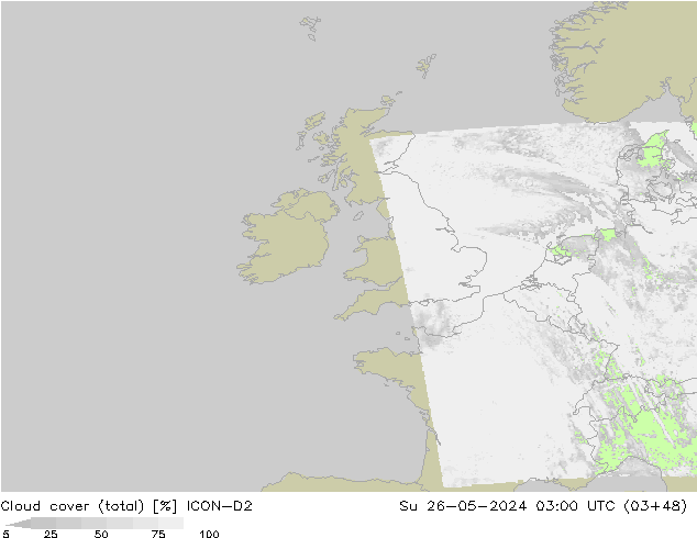 Cloud cover (total) ICON-D2 Su 26.05.2024 03 UTC