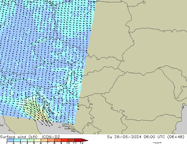 Vento 10 m (bft) ICON-D2 Dom 26.05.2024 06 UTC