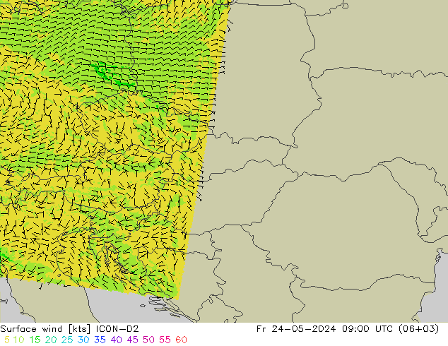 Surface wind ICON-D2 Pá 24.05.2024 09 UTC