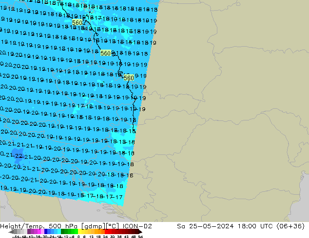 Height/Temp. 500 hPa ICON-D2 Sa 25.05.2024 18 UTC