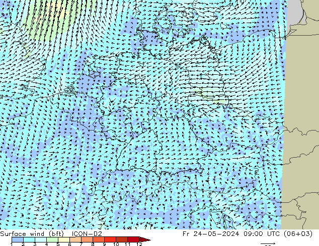 Vent 10 m (bft) ICON-D2 ven 24.05.2024 09 UTC