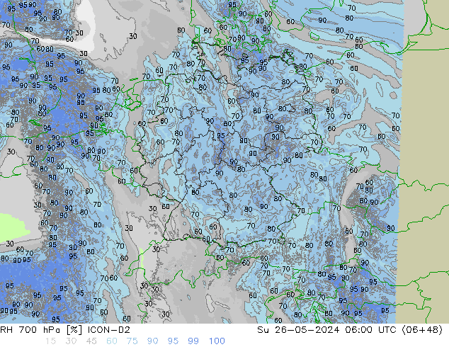 RH 700 hPa ICON-D2 dom 26.05.2024 06 UTC