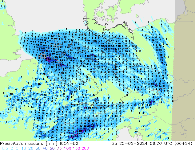 Precipitation accum. ICON-D2 so. 25.05.2024 06 UTC