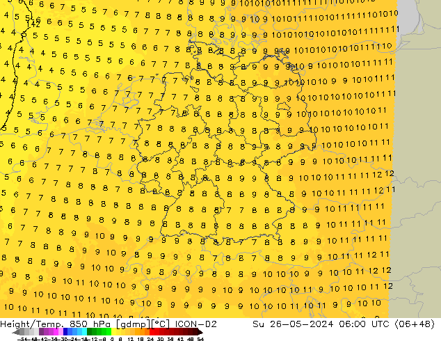 Height/Temp. 850 hPa ICON-D2 Su 26.05.2024 06 UTC