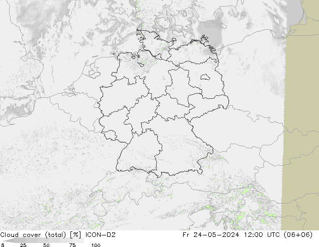 Cloud cover (total) ICON-D2 Fr 24.05.2024 12 UTC