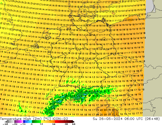 Max.temperatuur (2m) ICON-D2 zo 26.05.2024 06 UTC