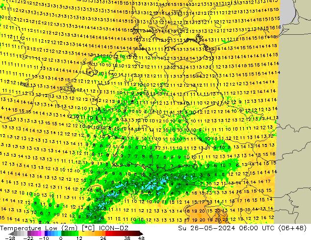 température 2m min ICON-D2 dim 26.05.2024 06 UTC