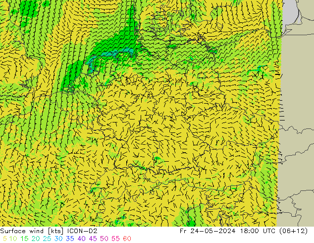 Rüzgar 10 m ICON-D2 Cu 24.05.2024 18 UTC