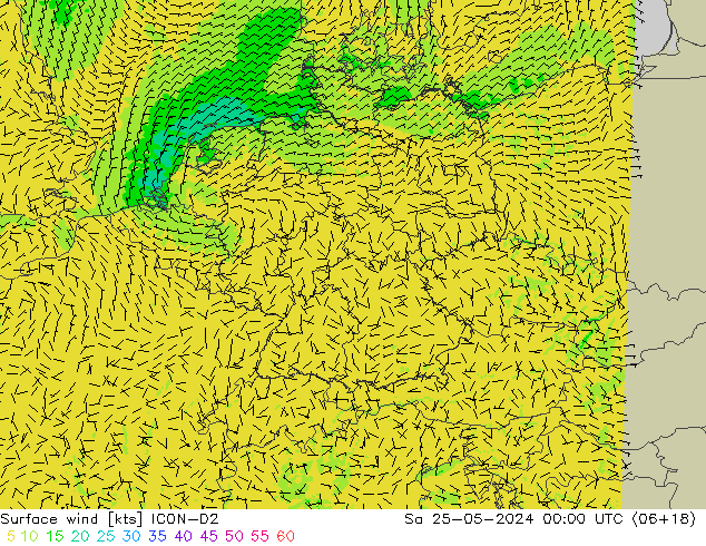 Surface wind ICON-D2 Sa 25.05.2024 00 UTC